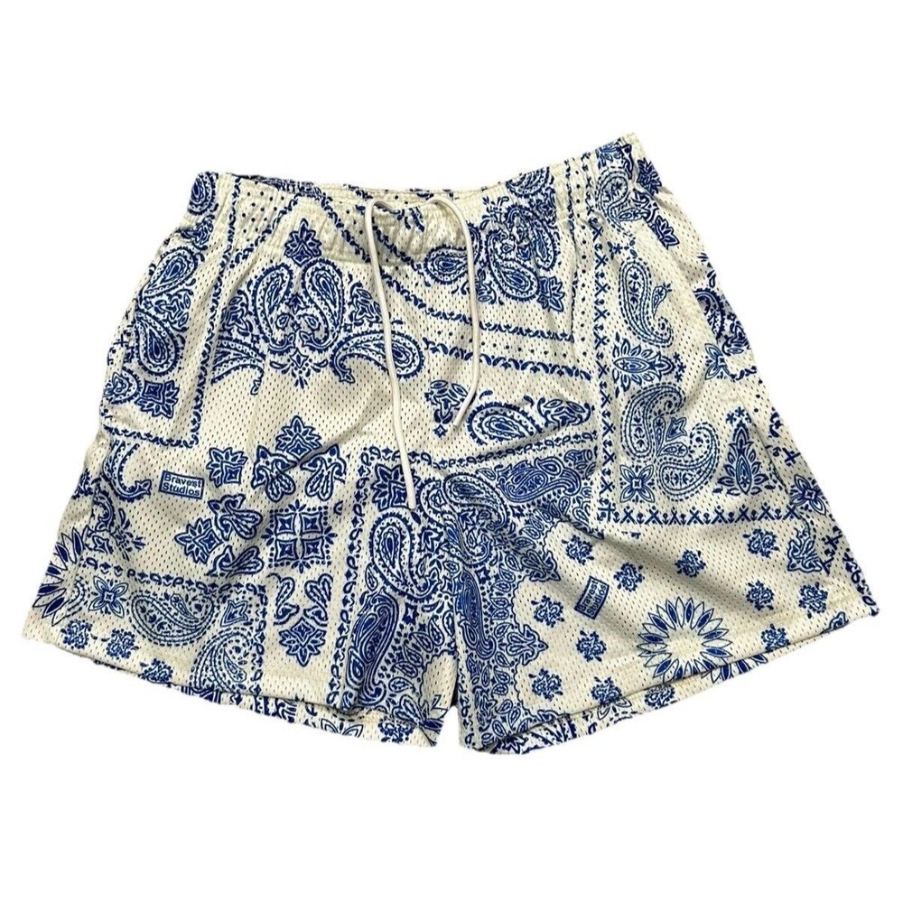 Bravest Studios Paisley Mesh Shorts White Blue Bandana Gym Athletic Medium NWT
